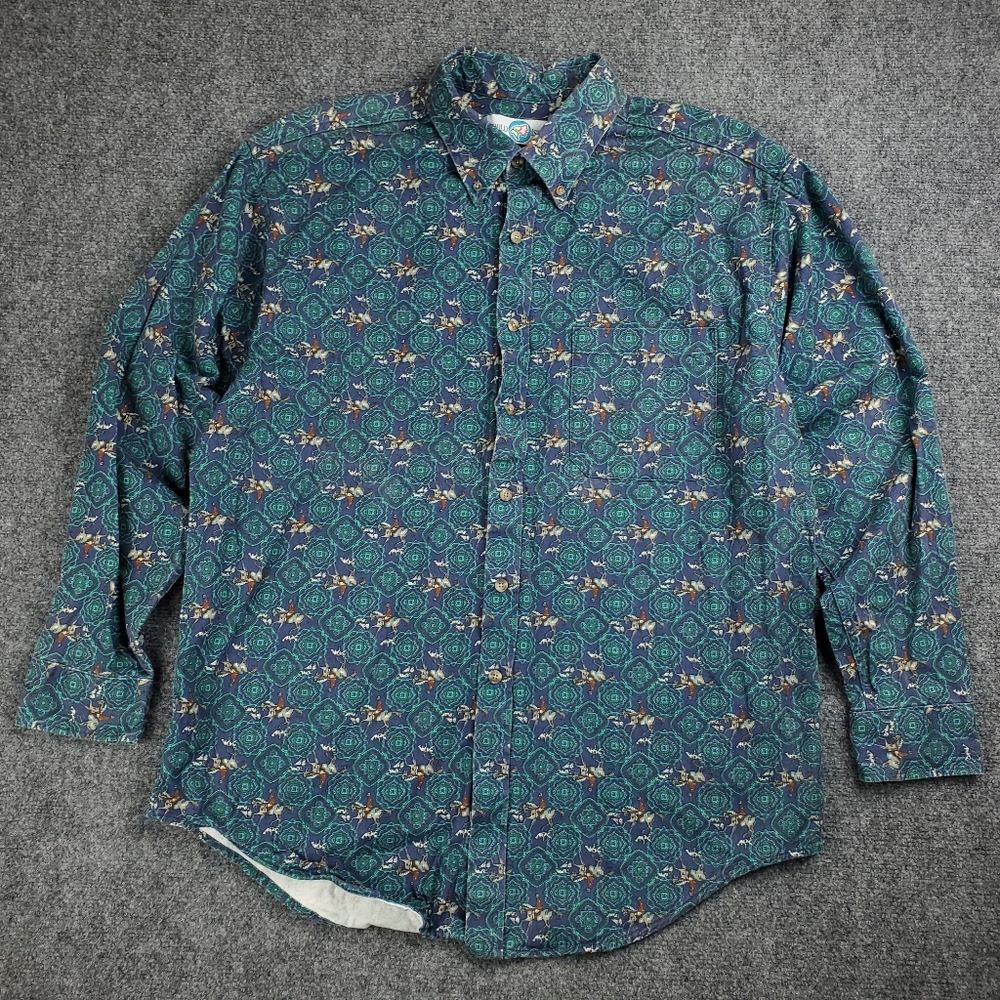 Vintage World Island Western Denim Shirt Mens Large Button Down Horse Print